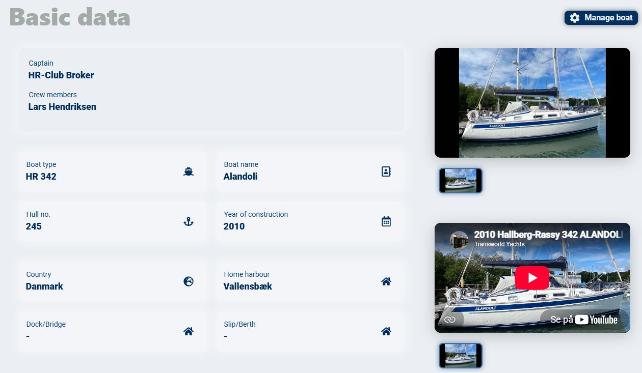 A boat profile page on HR-Club showing basic data on the left and photos and video on the right