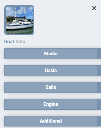 The Manage boat menu with Media, Basic, Sails, Engine and Additional