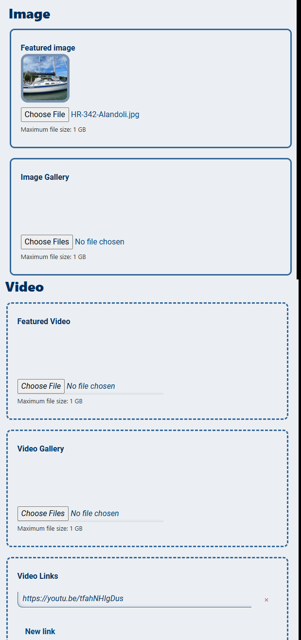 The Media page with fields for featured image, image gallery, featured video, video gallery and video links
