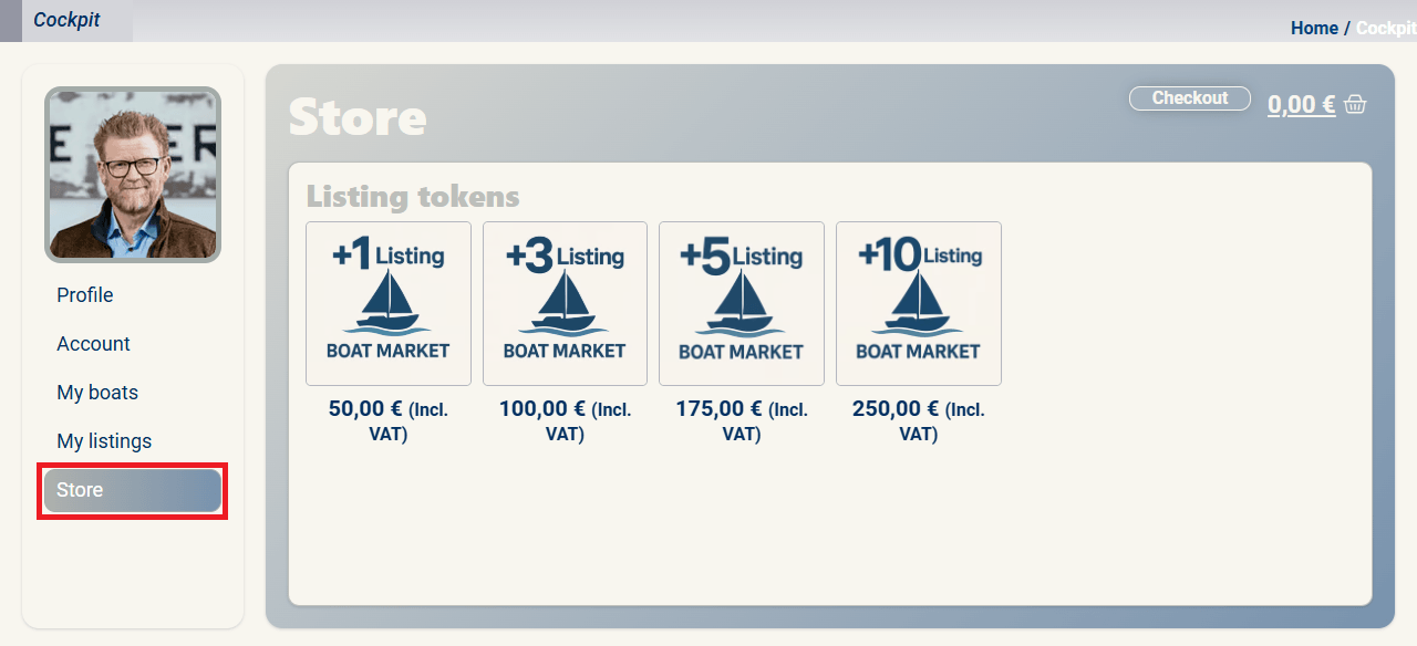 Cockpit-menuen med Store valgt, der viser pakkerne +1 Listing og +3 Listing