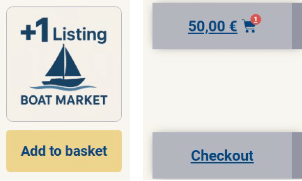 Add to basket-knap under en annoncepakke, og kurven med et Checkout-link