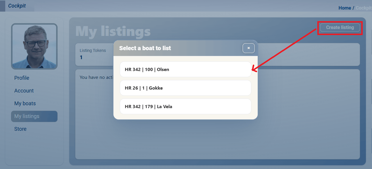 Feltet Select a boat med en dropdown, der lister medlemmets registrerede både
